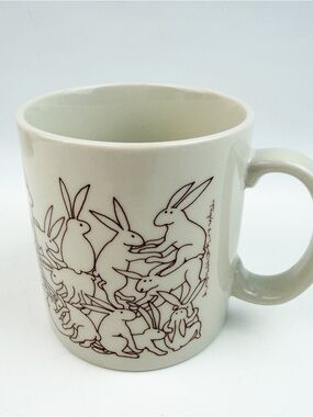 1979 Taylor & Ng Naughty Rabbits Mug Cup Brown Line Drawing Japan Signed Adult